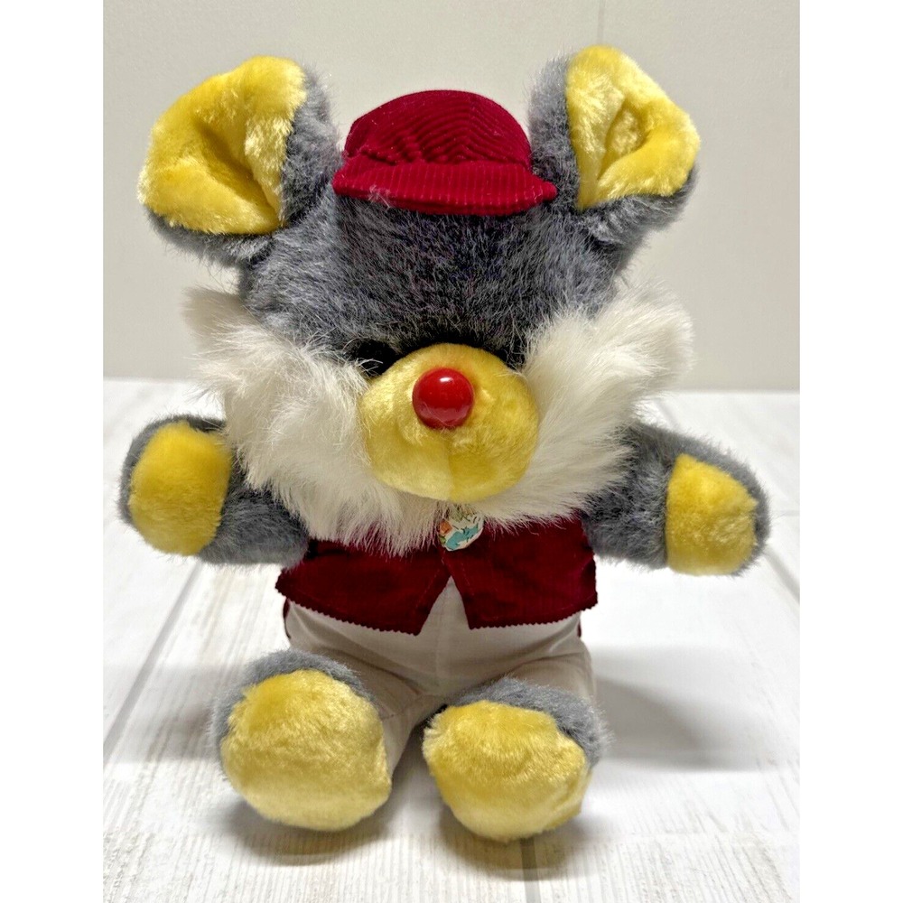 Vintage Mouse Plush Stuffed Animal Corduroy vest hat Grey White Mouse